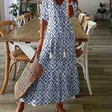 Michaela | Blue White-Print Maxi Dress