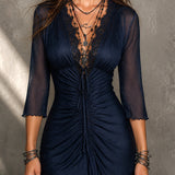 Imogen | Navy Lace Ruched V-Neck Dress