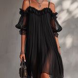 Selene | Black Off-Shoulder Pleated Dress