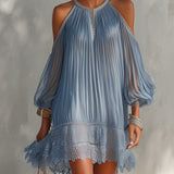 Celeste | Blue Pleated Cold-Shoulder Dress