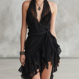 Raven | Black Halter Lace-Ruffle Dress