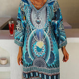 Emelia | Blue Ornate V-Neck Dress