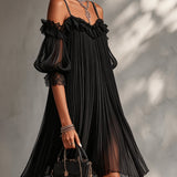 Selene | Black Off-Shoulder Pleated Dress