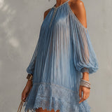 Celeste | Blue Pleated Cold-Shoulder Dress