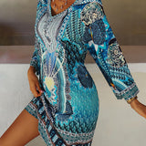 Emelia | Blue Ornate V-Neck Dress