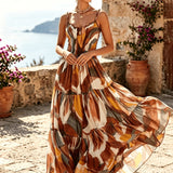 Faustine | Brown Abstract Tiered Maxi Dress