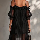 Selene | Black Off-Shoulder Pleated Dress