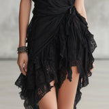 Raven | Black Halter Lace-Ruffle Dress