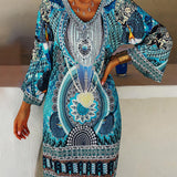 Emelia | Blue Ornate V-Neck Dress