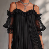 Selene | Black Off-Shoulder Pleated Dress
