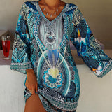 Emelia | Blue Ornate V-Neck Dress