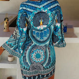 Emelia | Blue Ornate V-Neck Dress