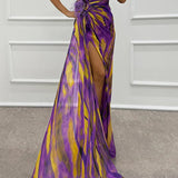 Mia | Blue Abstract Draped Maxi Dress