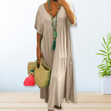 Maelis | Beige Tiered V-Neck Maxi Dress
