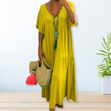 Maelis | Beige Tiered V-Neck Maxi Dress