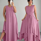Amandine | Beige Belted Asymmetric Dress