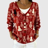 Georgia | Red Cat-Print V-Neck Cardigan