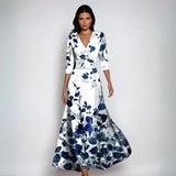 Eliana | White Blue-Floral V-Neck Dress