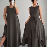 Amandine | Beige Belted Asymmetric Dress