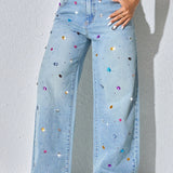 Maya | Light Blue Colourful Embellished Jeans
