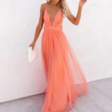 Coralie | Coral V-Neck Tulle Maxi Dress