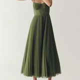 Yelena | Olive Strapless Pleated Midi Dress