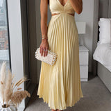Talia | Yellow Pleated V-Neck Midi Dress
