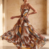 Faustine | Brown Abstract Tiered Maxi Dress