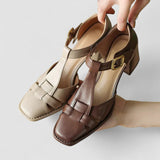 Margot | Brown T-Bar Block-Heel Pumps