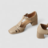 Margot | Brown T-Bar Block-Heel Pumps