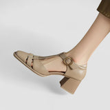 Margot | Brown T-Bar Block-Heel Pumps