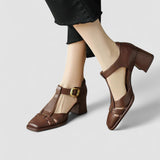 Margot | Brown T-Bar Block-Heel Pumps