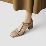 Margot | Brown T-Bar Block-Heel Pumps