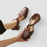 Margot | Brown T-Bar Block-Heel Pumps