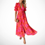 Solene | Red Floral Ruffle-Sleeve Dress