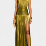 Apolline | Gold Halter Pleated Maxi Dress