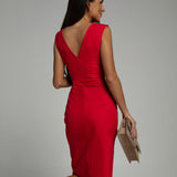 Maud | Red Ruched V-Neck Midi Dress