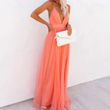 Coralie | Coral V-Neck Tulle Maxi Dress