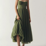 Yelena | Olive Strapless Pleated Midi Dress