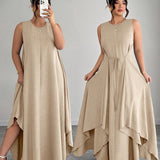 Amandine | Beige Belted Asymmetric Dress