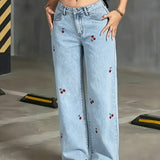 Ruby | Light Blue Embroidered Wide-Leg Jeans
