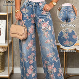 Olivia | Blue Pink Floral Wide-Leg Jeans