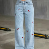 Ruby | Light Blue Embroidered Wide-Leg Jeans