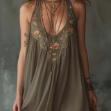 Ivy | Olive Floral-Embroidered V-Neck Dress
