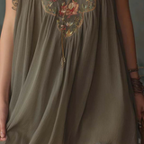 Ivy | Olive Floral-Embroidered V-Neck Dress