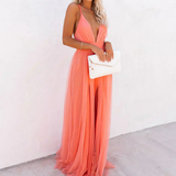 Coralie | Coral V-Neck Tulle Maxi Dress