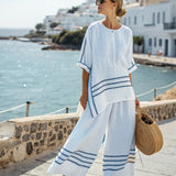 Valentina | White Blue-Trim Trouser Set