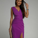 Maud | Red Ruched V-Neck Midi Dress