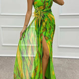 Mia | Blue Abstract Draped Maxi Dress