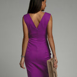 Maud | Red Ruched V-Neck Midi Dress